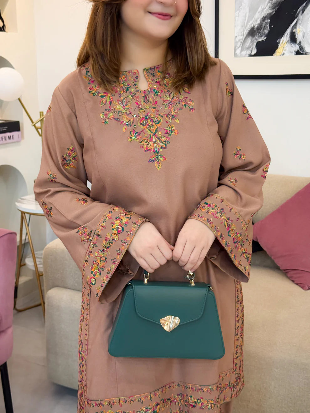 Mocha Meadow Dhanak Embroidered 2-Piece Suit