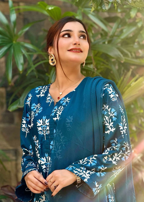 Iris Bloom – Teal Blue Block Printed 2PCs